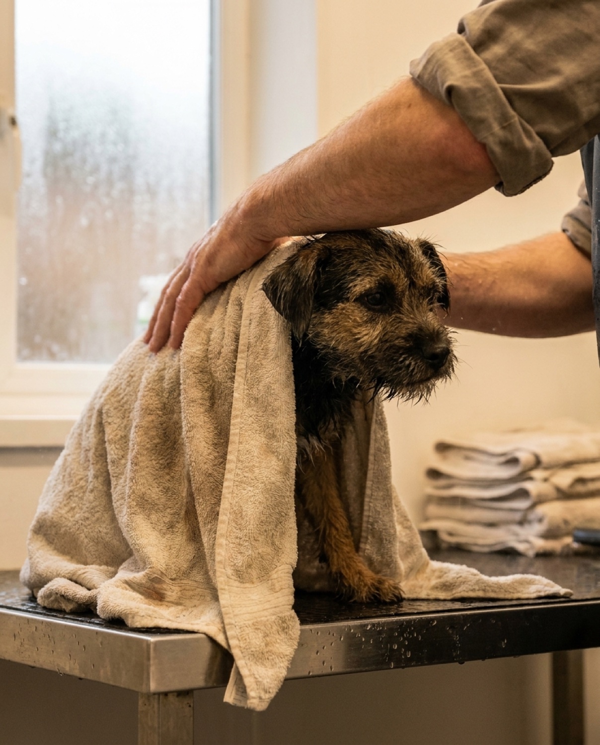 A groomer gently towel drying a freshly bathed small dog at The Groom Room