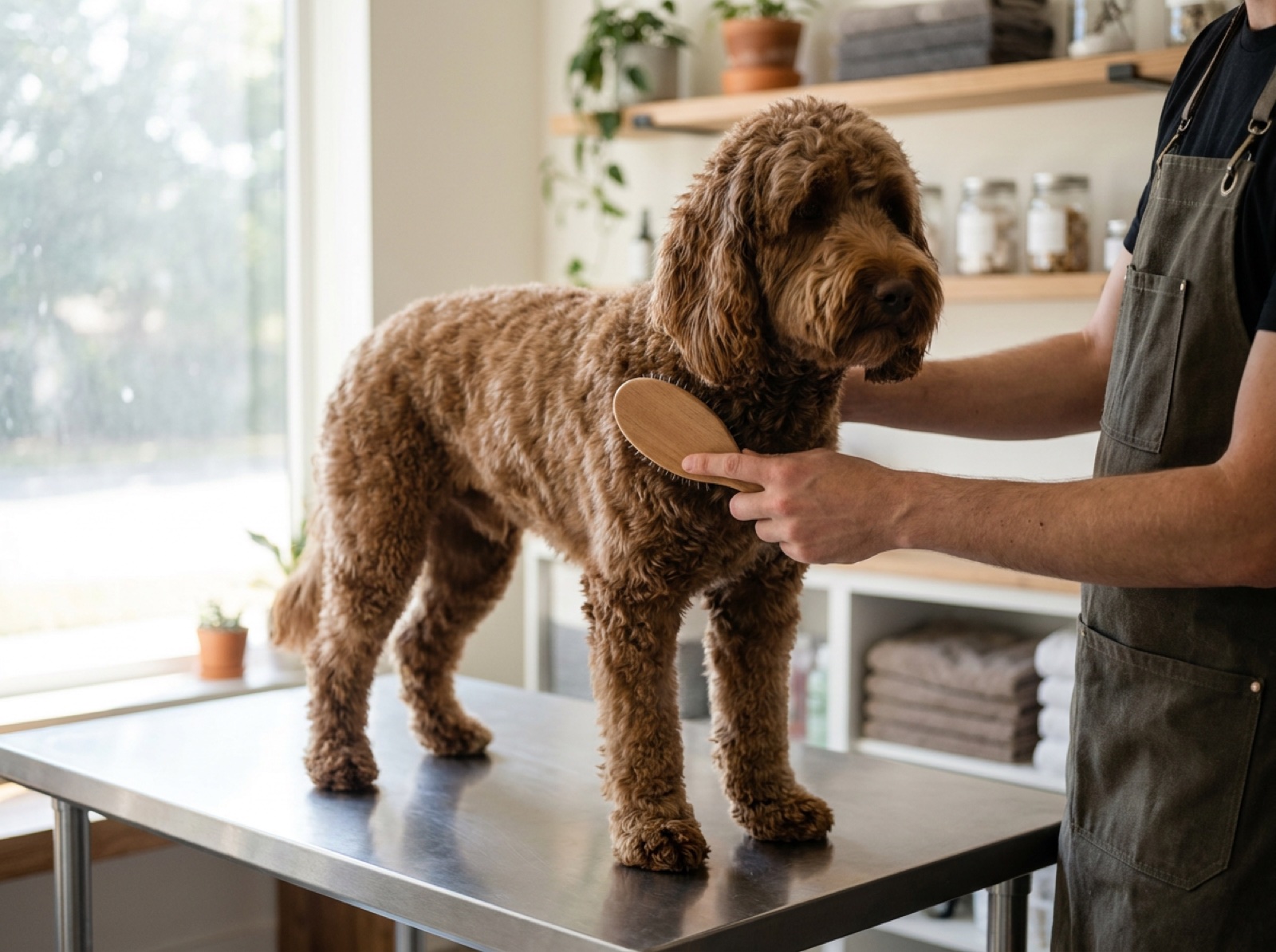 A calm curly-coated dog standing on a grooming table being gently brushed at The Groom Room