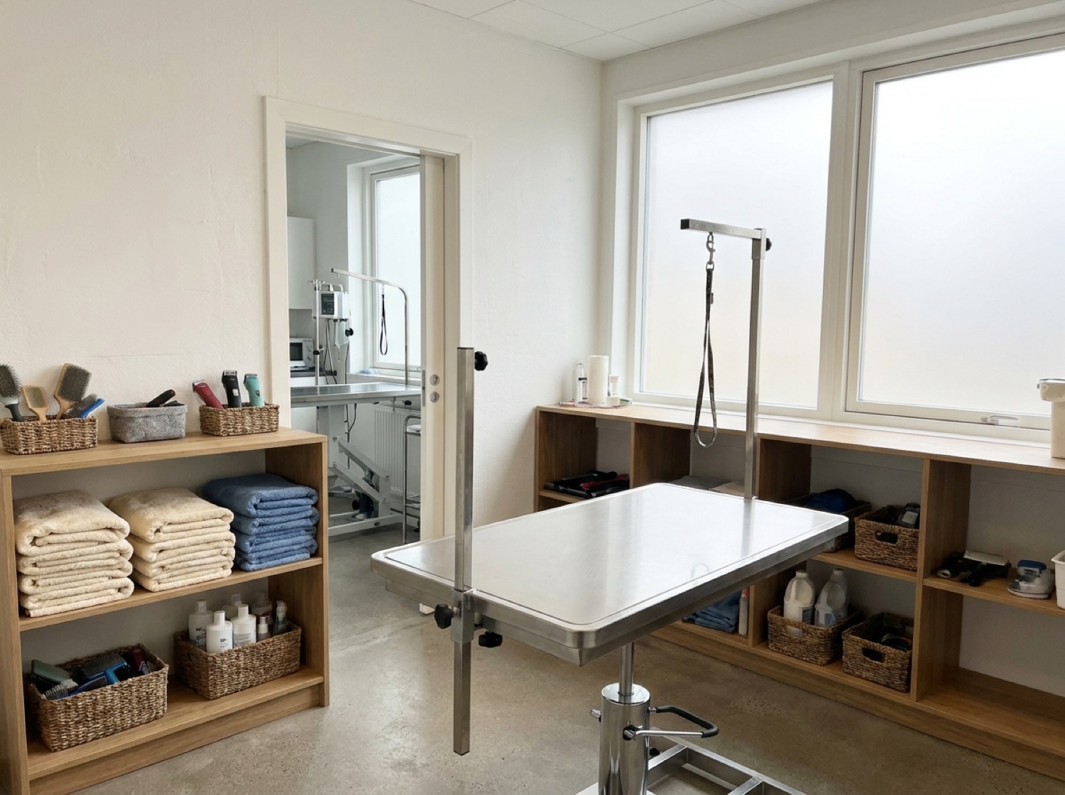 The bright, tidy grooming room with a clean stainless steel table inside Carnegy Animal Hospital
