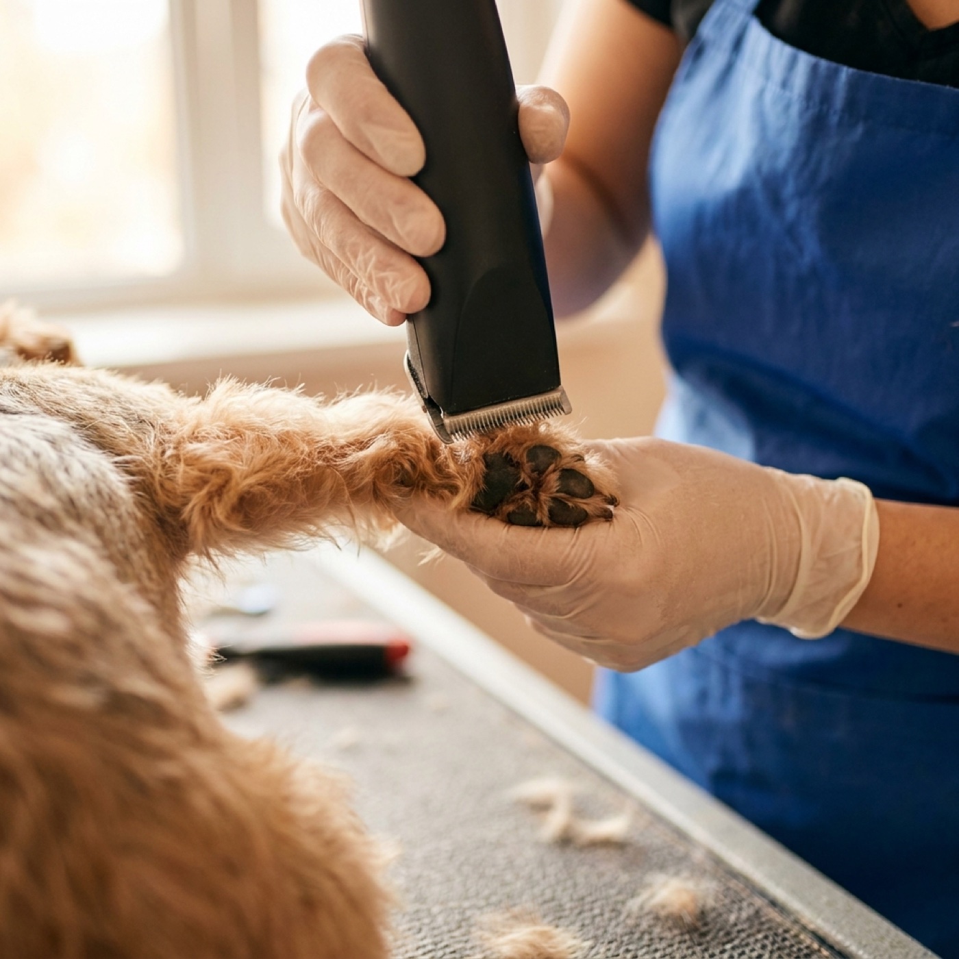 A groomer carefully trimming the fur around a small dog's paw
