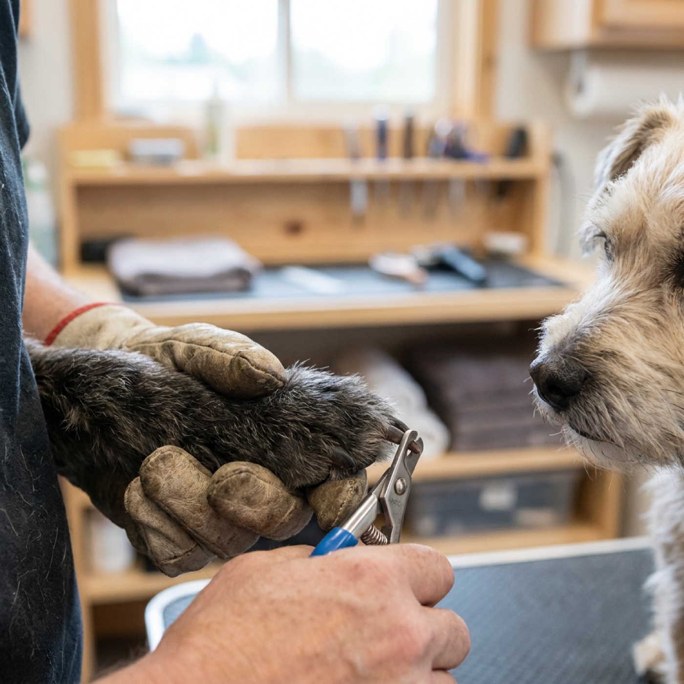 A gentle nail trim in progress at a calm grooming station
