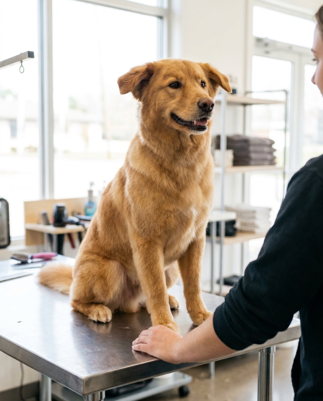 A happy, freshly groomed dog sitting clean and alert on the grooming table