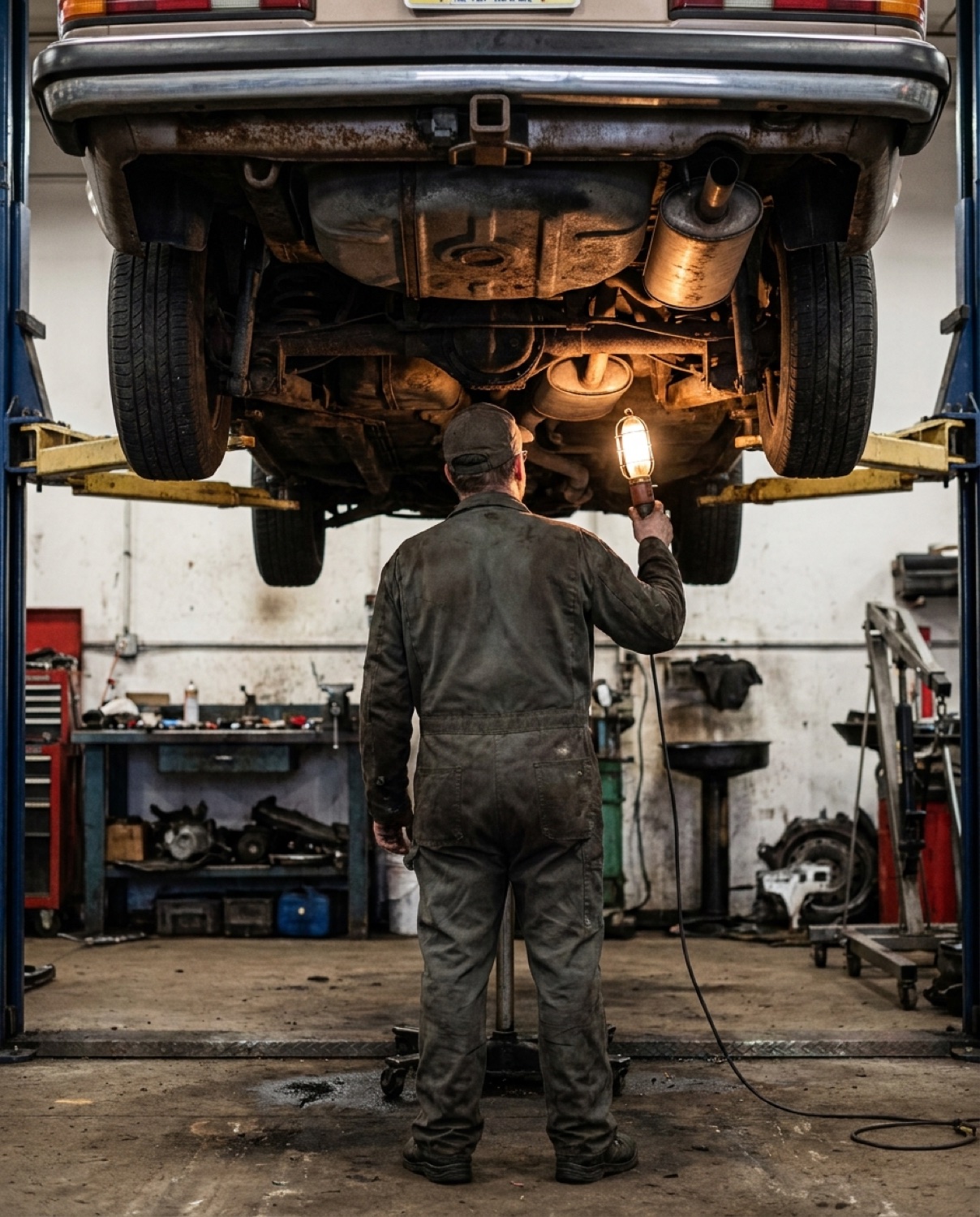A mechanic inspecting the undercarriage of a car on the lift with a drop light