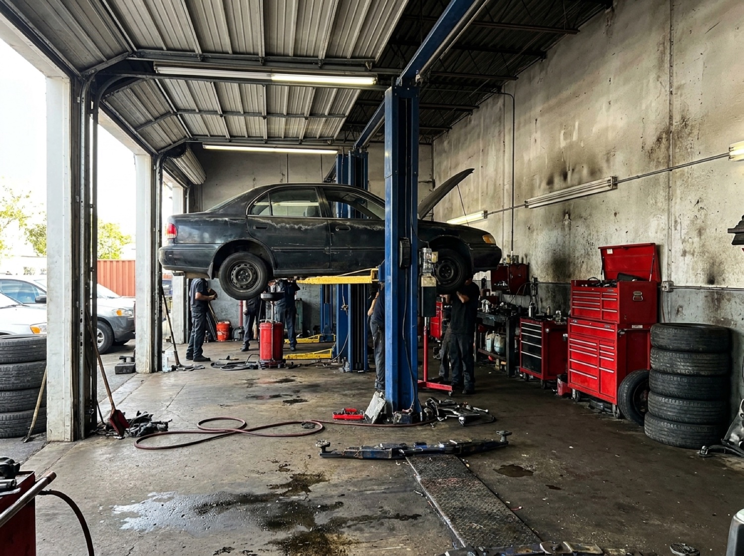 Inside the shop, a car raised on a hydraulic lift with tools and tires along the wall