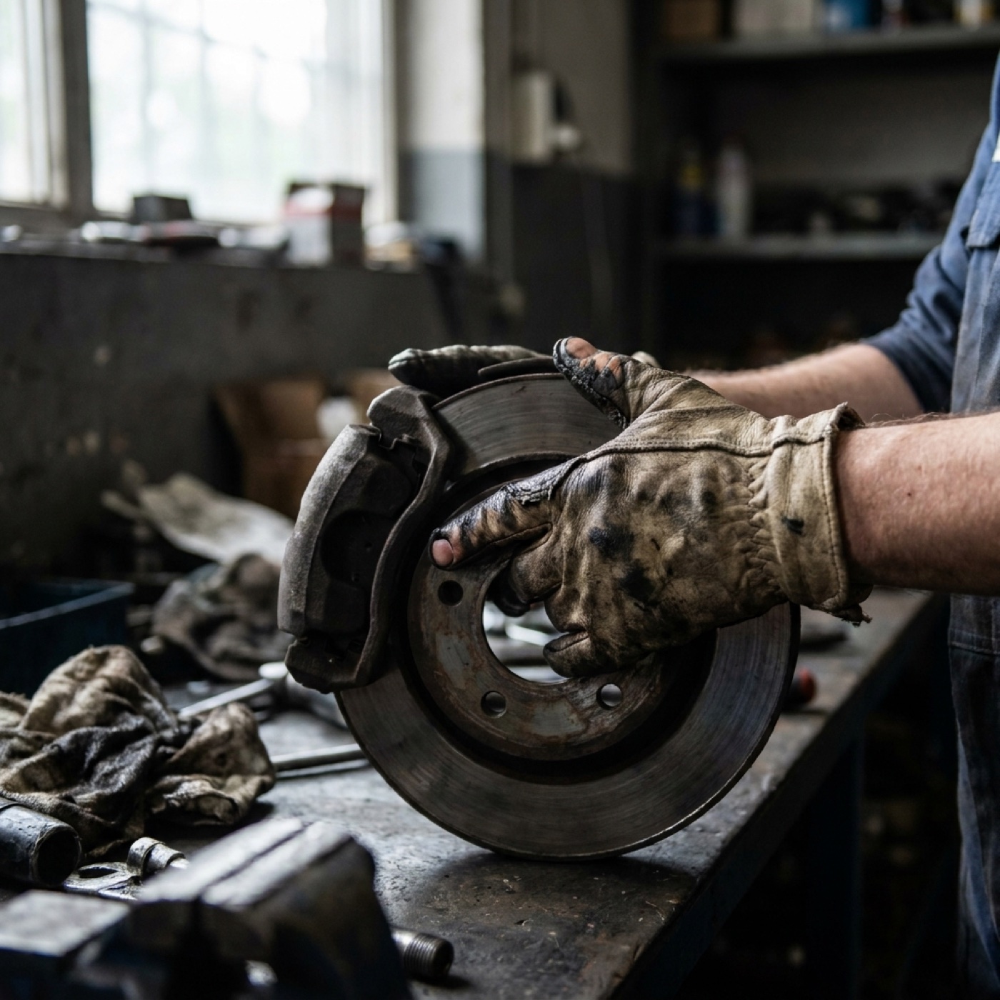 A mechanic's gloved hands holding a brake rotor and caliper