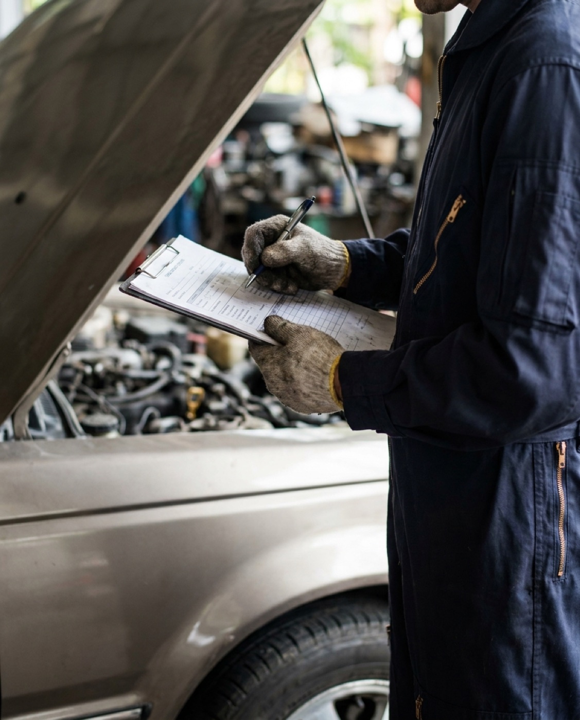 A mechanic writing an estimate on a clipboard beside an open car hood