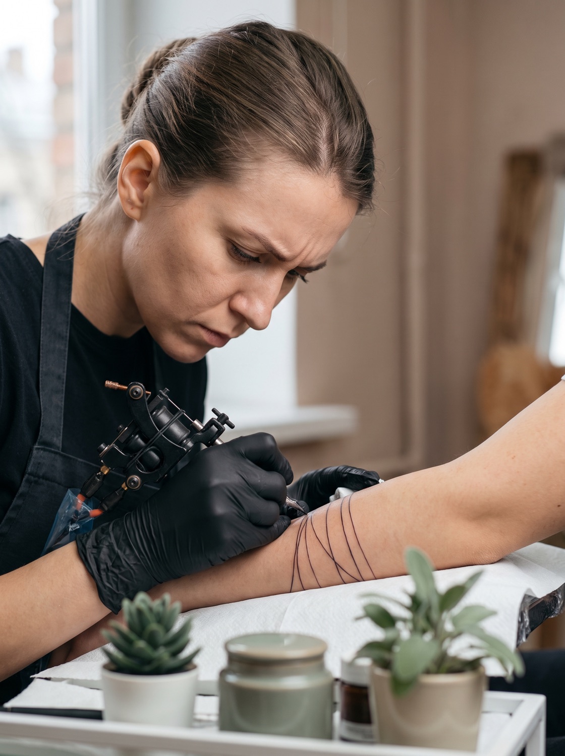 A focused artist working delicate hair-thin linework on a client