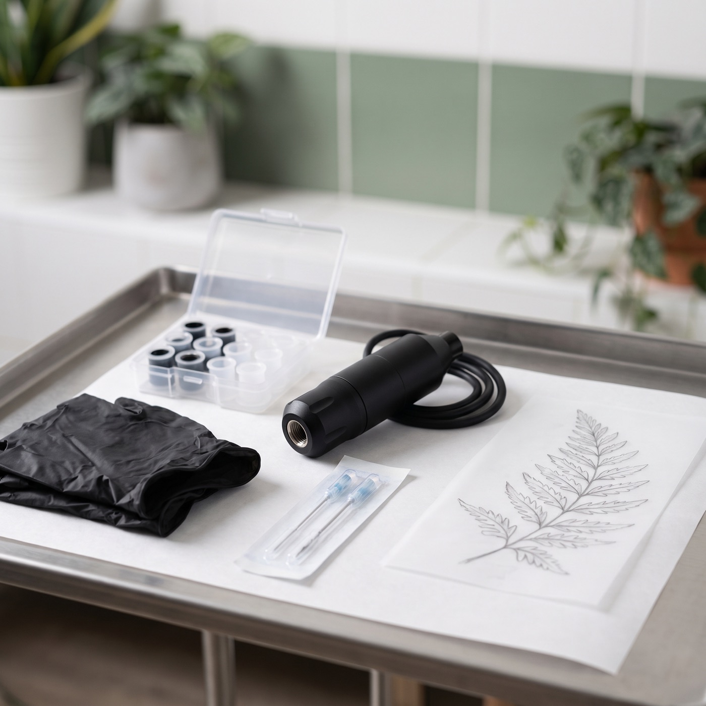 A tidy tattoo workstation with machine, ink caps and a hand-drawn fern sketch