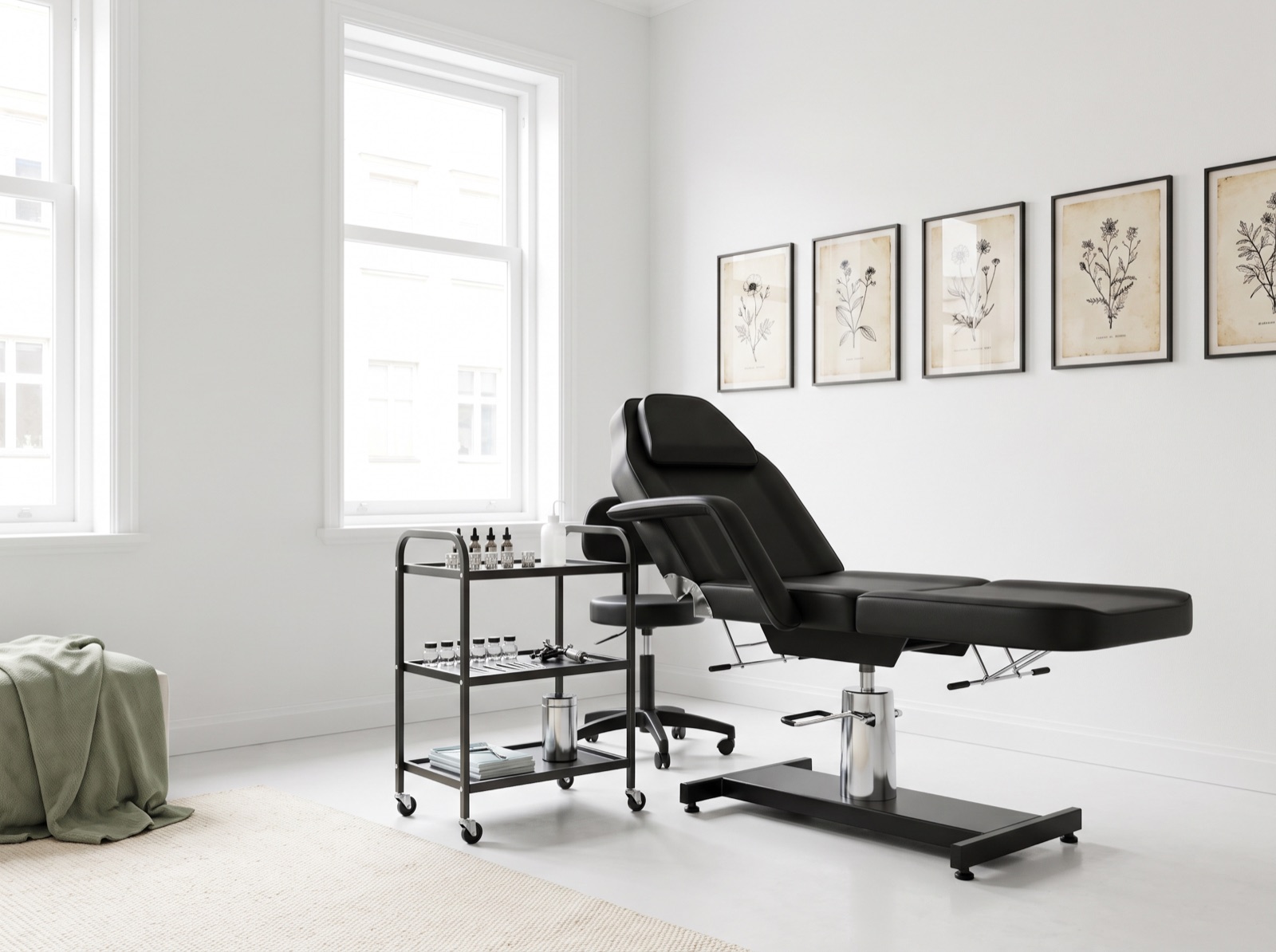 The bright minimalist interior of Zaycheza Studio with framed line-art prints