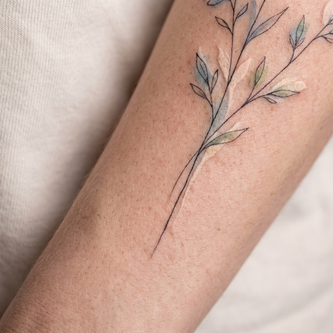 Healed fine-line botanical wildflower tattoo on a forearm